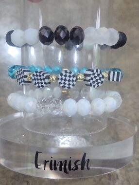 Gemjams By Erimish Black White Turquoise Patterned Bead Bracelet Set